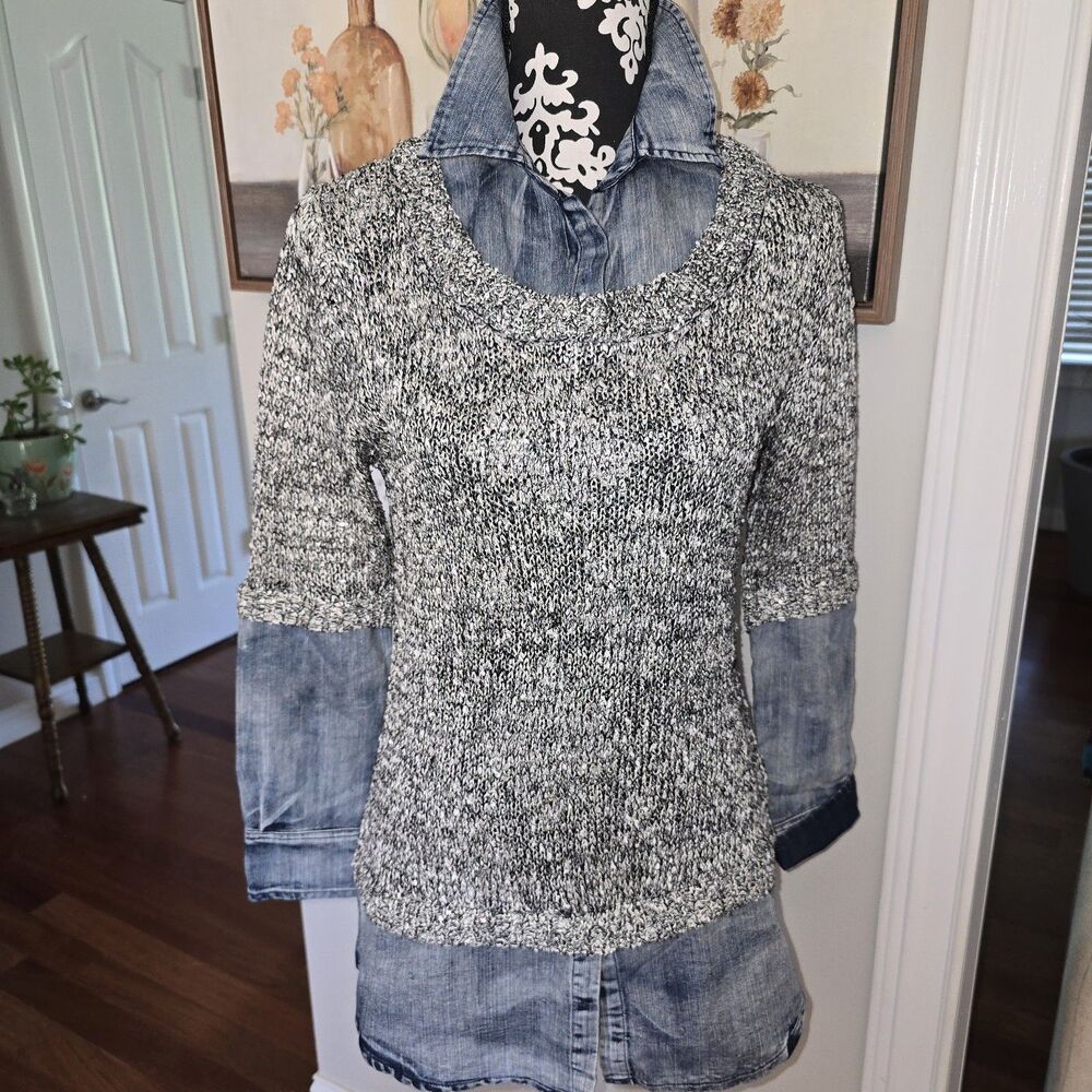Avalin Layerd Denim Sparkle Sweater Acid Wash Long Sleeve Small
